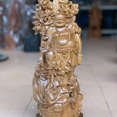 Tượng phật di lặc ngũ phúc bằng gỗ bách xanh thơm nức kt 40×11×15 cm