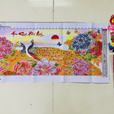 Tranh thêu chữ thập Hoa khai phú quý LV3062, kích thước 93 x 43 cm