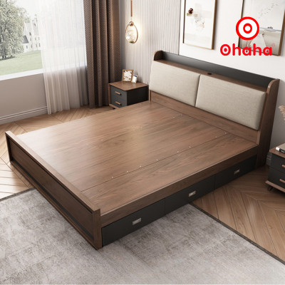[Miễn phí vận chuyển & lắp đặt] Giường ngủ thông minh cao cấp bọc nệm đầu giường gỗ công nghiệp Nâu Walnur Ohaha - GN010