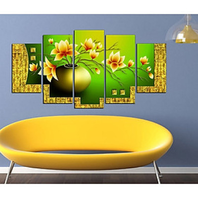 (ẢNH THẬT) Tranh treo tường bình hoa mộc lan xanh bộ 5 tấm bo viền kèm đinh treo