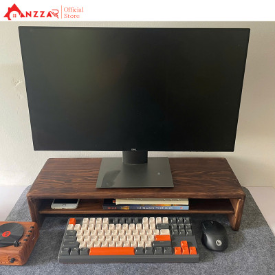 Kệ Màn Hình Máy Tính Monitor Màu Nâu Rustic Kệ Gỗ Kê Màn Hình Uốn Cong Có Ngăn Kéo Độc Đáo Sang Trọng Anzzar-09