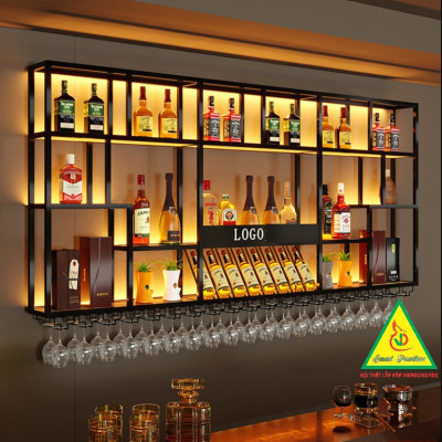 KỆ TRƯNG RƯỢU KHUNG SẮT – MẶT GỖ CÓ ĐÈN 5KRS01 - NỘI THẤT LẮP RÁP VIENDONGADV