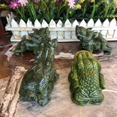 Bộ combo Tỳ Hưu, Cóc Ba Chân, Cóc Ngậm Tiền, Thiềm Thừ và Long quy, rùa đầu rồng phong thủy chiêu nạp tài lộc đá ngọc Ấn Độ