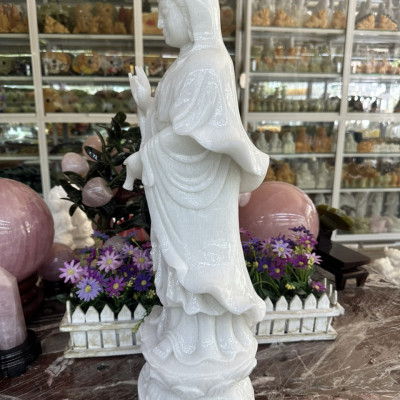 Tượng Phật Bà Quan Thế Âm Bồ Tát đứng đài sen đá cẩm thạch trắng - Cao 50 cm