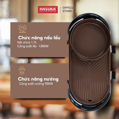 Bếp lẩu nướng đa năng HASUKA HSK-366LN 2in1 nướng, lẩu đồng thời, lòng nồi chống dính Ceramic an toàn - HÀNG CHÍNH HÃNG