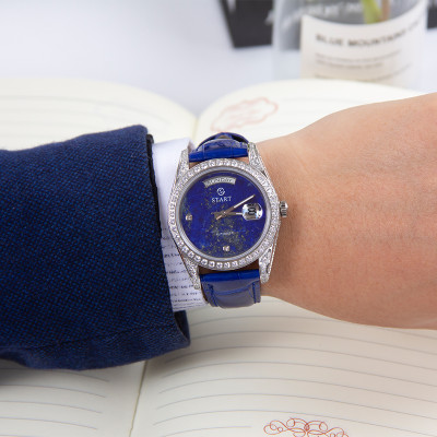 【START】Đồng hồ nam đá Lapis Lazuli tự nhiên đồng hồ kim cương chức năng hiển thị thứ ngày  đồng hồ cơ tự động dây da cá sấu Khóa bướm