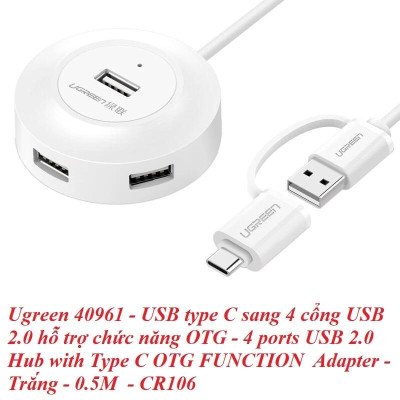 Ugreen UG40961CR106TK 0.5M Màu Trắng Bộ chuyển đổi TYPE C sang 4 USB 2.0 + nguồn MICRO USB hỗ trợ OTG TYPE C - HÀNG CHÍNH HÃNG