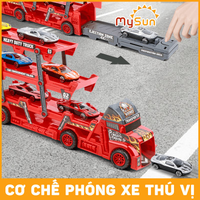 Mô hình xe tải container đầu kéo đồ chơi chở 8 ô tô cho bé MySun