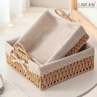 Giỏ Decor Hình Vuông Có Quai Xách – Đan Tay Thủ Công, Lót Vải Hoa Vintage, Trang Trí & Đựng Đồ Đa Năng