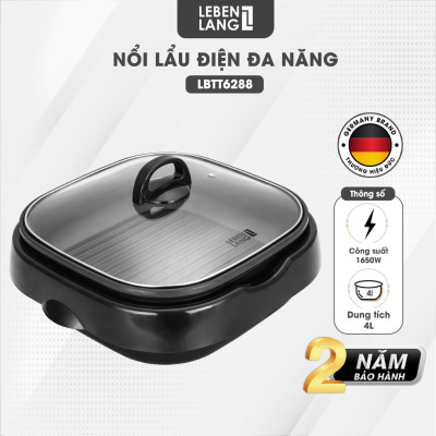 Nồi lẩu điện đa năng, nướng lẩu 2in1 Lebenlang LBTT6288, 1650W, 4l, bảo hành 2 năm - hàng chính hãng