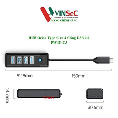 HUB Type C ra 4 Cổng USB 3.0 Orico PW4U-C3 - Hàng Chính Hãng