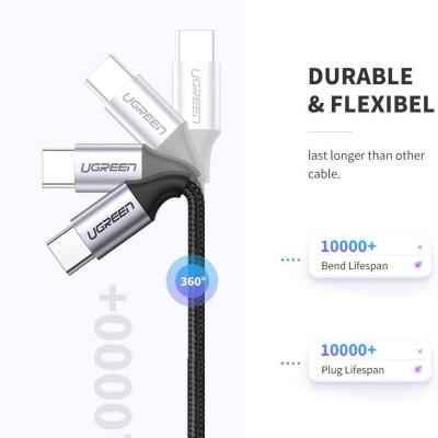 Ugreen UG50150US261TK 1M 60W hỗ trợ sạc nhanh PD cáp USB type C màu đen mạ nickel đầu bọc nhôm chống nhiễu - HÀNG CHÍNH HÃNG