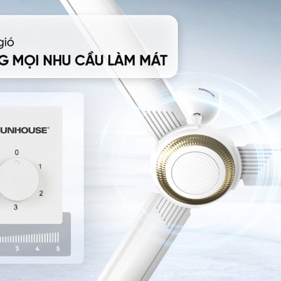 Quạt trần Sunhouse 3 cánh SHD-7658, công suất 75W, sải cánh dài 1,4 mét, 5 cấp độ gió, vận hành không tiếng ồn, Hàng chính hãng