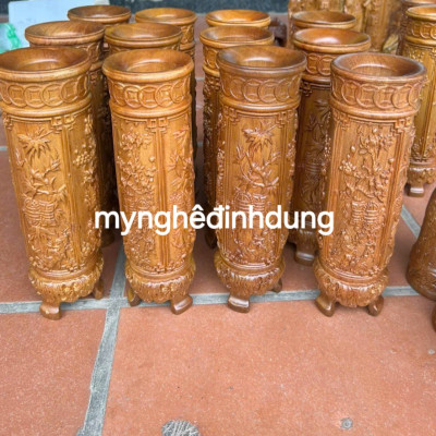 Đôi Ống cắm nhang hương khắc tứ quý bằng gỗ bách xanh thơm nức cao 30x9x9cm 