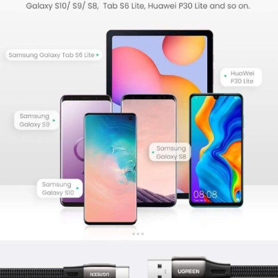 Ugreen UG10965US330TK 2M cáp usb A ra type C mỏng dẹp 2.5mm màu đen dây bện dù - HÀNG CHÍNH HÃNG