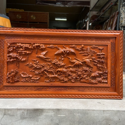 Tranh gỗ  treo tường trạm khắc tích cửu hạc du xuân bằng gỗ gõ đỏ kt 67×127×4cm