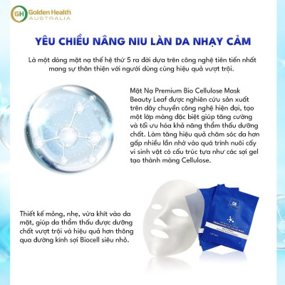 Mặt Nạ Sinh Học Cao Cấp Hỗ Trợ Làm Giảm Thâm Nám, Tàn Nhang, Nếp Nhăn Giúp Nâng Cơ Da Căng Bóng Hồng Hào Premium Bio Cellulose Mask Beauty Leaf (Set 3 Miếng/hộp)