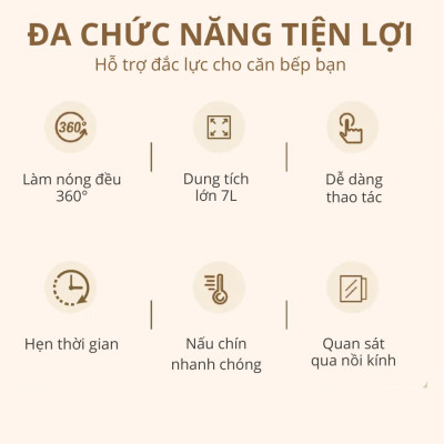 Nồi chiên không dầu thủy tinh Mishio MK373 - Dung tích 7 lít lòng nồi không bong tróc gỉ sét - Hàng chính hãng