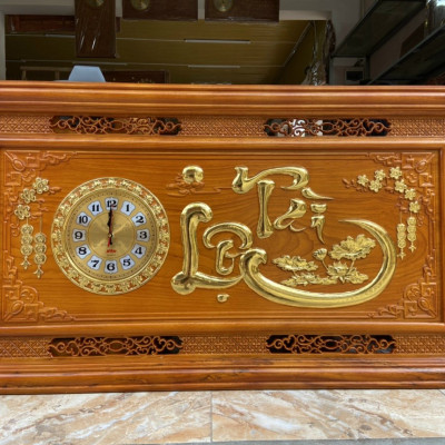 Tranh đồng hồ treo tường trạm khắc chữ tài lộc bằng gỗ gỗ đỏ kt 67×127×4.5cm