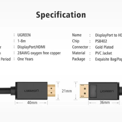 Ugreen UG10204DP101TK 5M Màu Đen Cáp chuyển đổi Displayport sang HDMI thuần đồng - HÀNG CHÍNH HÃNG