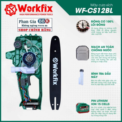 Máy cưa xích pin WORKFIX 21V (WF-CS12BL) 2 Pin 15cell, Động cơ Không chổi than,Cưa Cây, Cắt Cành, Tra Dầu Tự Động
