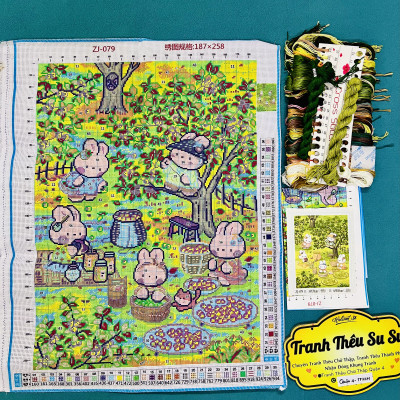 Tranh thêu kín chữ thập Thỏ hái quả ZJ079, kích thức 55 x 70 cm