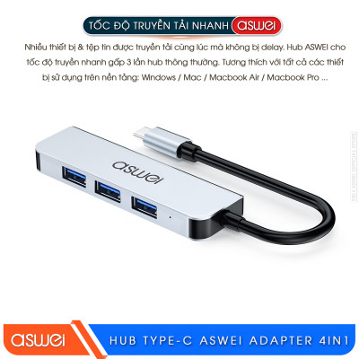Hub Chuyển Đổi USB Type C ASWEI 4 in 1 - 4 Cổng USB 3.0 Tốc Độ Cao - Hàng Chính Hãng