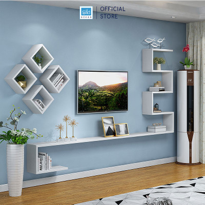 Kệ Tivi Treo Tường Phòng Khách Hiện Đại Gồm Khối Zic Zac Và 4 Ô Vuông SIB Decor BST89