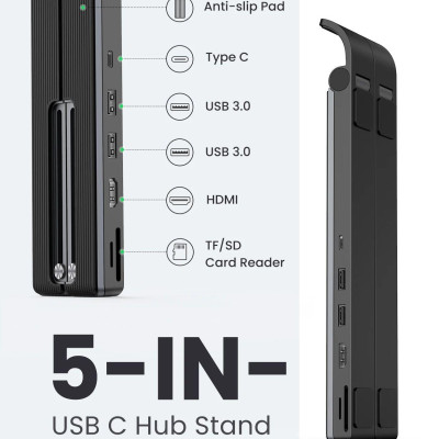 Ugreen UG80551CM359TK 5 trong 1 Bộ chuyển Type C sang 2*USB 3.0 A + HDMI + SD-TF + giá đỡ máy tính - HÀNG CHÍNH HÃNG