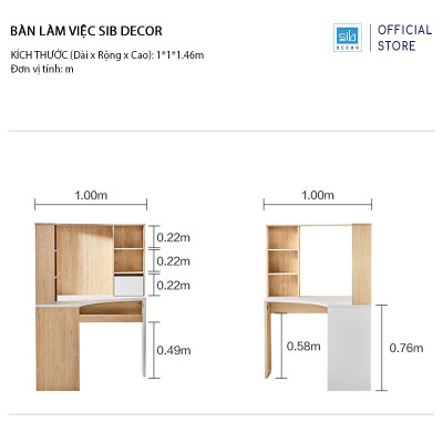 Bàn Làm Việc Góc Tường (Chữ L) Có Kệ Sách Hiện Đại Thương Hiệu SIB Decor BLV65