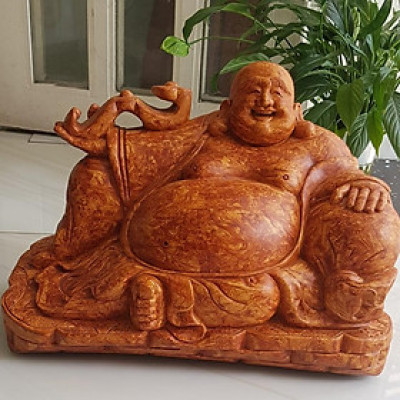 Tượng Di Lặc Gỗ Ngồi Cầm Như ý Bao tiền Kích thước Ngang 40cm x Cao 29cm x Sâu 22cm Anh Chị trưng phòng khách nhà công ty may mắn ạ