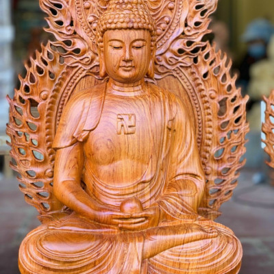 Bộ tượng phật tam thánh tây phương bằng gỗ hương đá kt cao 30×16×16cm +lá chắn hòa quang cao tổng 41×24cm