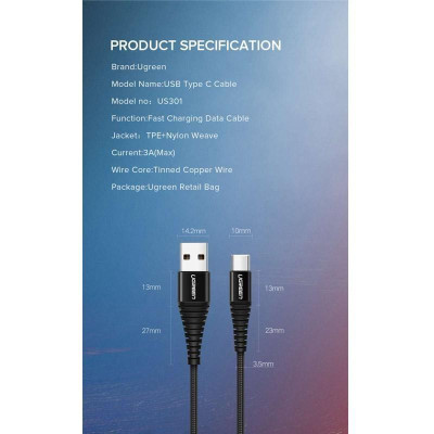 Ugreen UG70560US301TK 50cm Cáp dữ liệu USB Type-C sang USB 2.0 màu đen truyền dữ liệu từ máy tính ra điện thoại dài 0.5M - HÀNG CHÍNH HÃNG