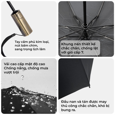 Ô dù tự đông thông minh Nason Umbrella The Arthur tự động đóng mở 2 chiều, tay cầm phủ kim loại cao cấp màu Bronzo, dù tự động gấp ngược, chống gió bão cấp 6