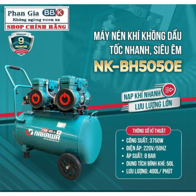 [chính hãƞg] Máy Nén Khí Không Dầu Lên hơi nhanh NAKAWA 50L-5HP Giảm âm, 100% Dây đồng, Bảo hành 1 năm