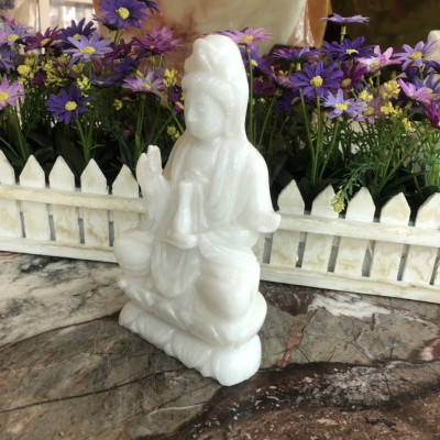 Tượng Phật Bà Quan Thế Âm Bồ Tát ngồi đài sen cầu bình an đá cẩm thạch trắng - Cao 20 cm