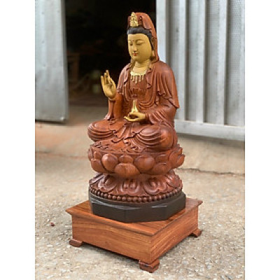 Tượng phật bà quan âm bồ tát bằng gỗ hương đá  tô làm mầu giả cổ kt cao 50×25×25cm 