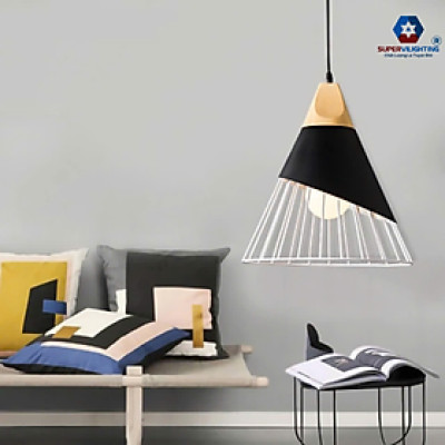 Đèn treo thả trần trang trí phòng khách đầu giường chuôi gỗ hiện đại đen trắng