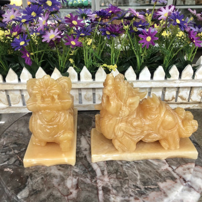 Cặp Tỳ Hưu phong thủy đá Ngọc hoàng long có đế - Dài 15 cm