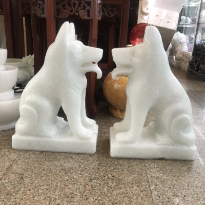 Cặp chó đá phong thủy đá cẩm thạch trắng - Cao 40 cm