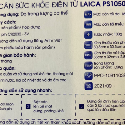 Cân Sức Khoẻ Điện Tử Mặt Kính LAICA PS1050 - ITALY - 100% Hàng Chính Hãng
