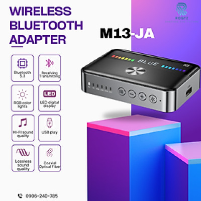Hàng Chính Hãng - Bộ Thu Phát Bluetooth NFC M13-JA - Chip Bluetooth 5.3 Phạm Vi Kết Nối 20m Giải Mã APTX-HD TÍch Hợp DAC Cao Cấp Màn Hình LED Đèn RGB Đa Kết Nối AUX 3.5mm, RCA, Optical, Coaxial, USB Hỗ Trợ NFC Chế Độ RX TX Pin 1000mAh - ROGTZ