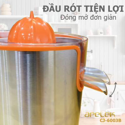 Máy vắt cam APELEK CJ-6003B - Hàng chính hãng - Đầu rót trực tiếp tiện lợi - Công suất 200W mạnh mẽ - Lưới lọc bằng Inox 304 dễ dàng vệ sinh - Tay ép an toàn-  Hai đầu vắt lớn và nhỏ 