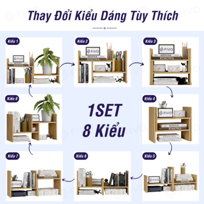 Kệ Sách Gỗ Mini Để Bàn Làm Việc FB24 FIVO, Lắp Ráp Đơn Giản, Với 8 Kiểu Dáng Điều Chỉnh