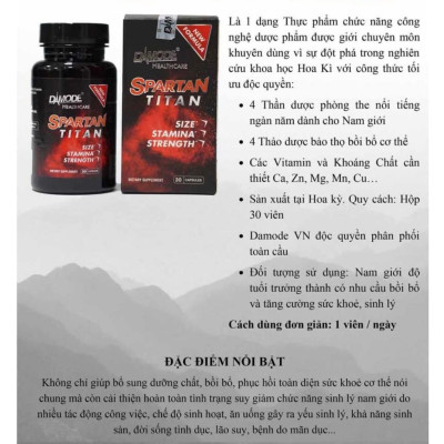 Thực phẩm chức năng hỗ trợ tăng cường sức khỏe nam giới Spartan Titan Damode lọ 30 viên