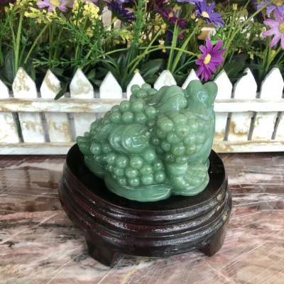 Tượng Cóc Ba Chân, Cóc Ngậm Tiền, Thiềm Thừ phong thủy chiêu tài lộc đá thạch anh xanh - Nặng 0,98 kg