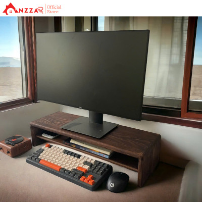 Kệ Màn Hình Máy Tính Monitor Màu Nâu Rustic Kệ Gỗ Kê Màn Hình Uốn Cong Có Ngăn Kéo Độc Đáo Sang Trọng Anzzar-09