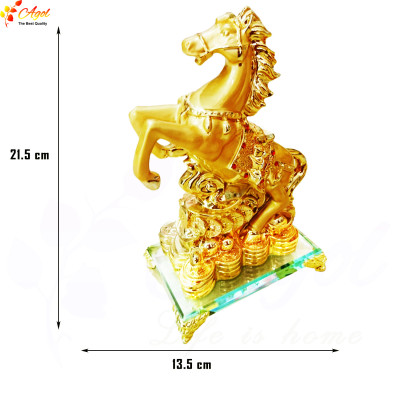 Tượng ngựa vàng phong thủy mã đáo thành công đế kính cao cấp  (chiều dài 14cm * rộng 9cm * cao 21cm) - Hàng Nhập Khẩu