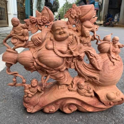 Tượng phật di lặc ngũ phúc kéo bao vàng bằng gỗ hương đá kt 40×35×16cm 