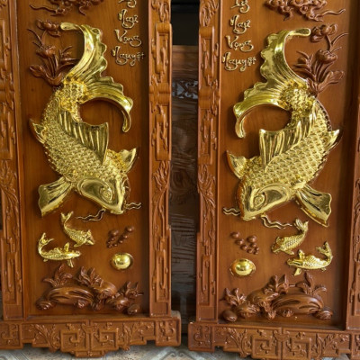 CẶP TRANH LÝ NGƯ  VỌNG NGUYỆT KHẮC CHỮ PHÚC ĐỨC BẰNG GỖ GÕ ĐỎ KT 37×117×4CM